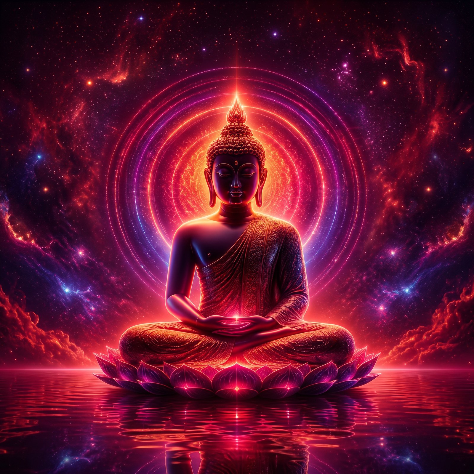 Neon Glow Buddha — Ruby wall art feature piece