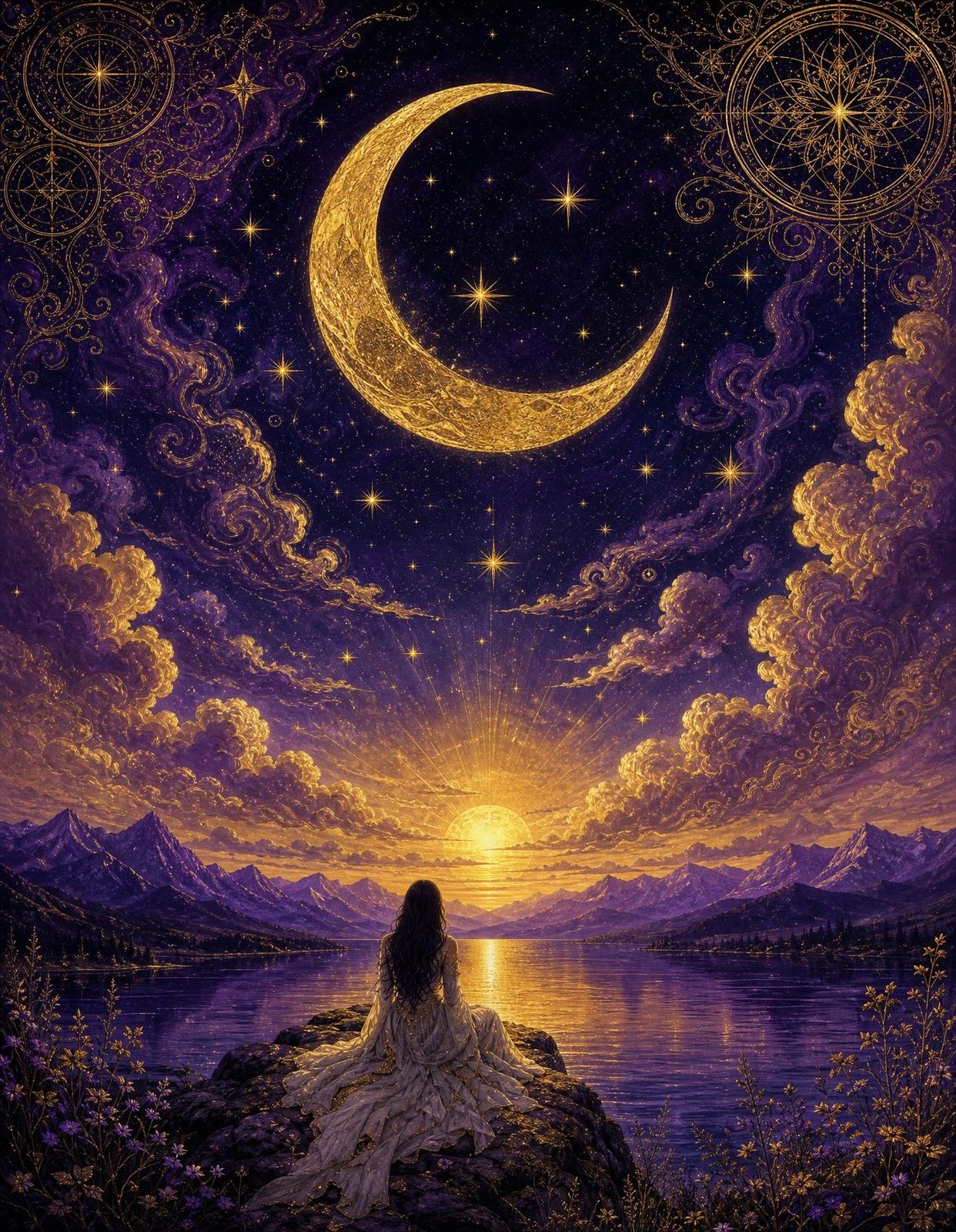 Celestial Dreams Deluxe — a golden crescent moon above swirling purple and gold clouds, with a woman seated at a still lake