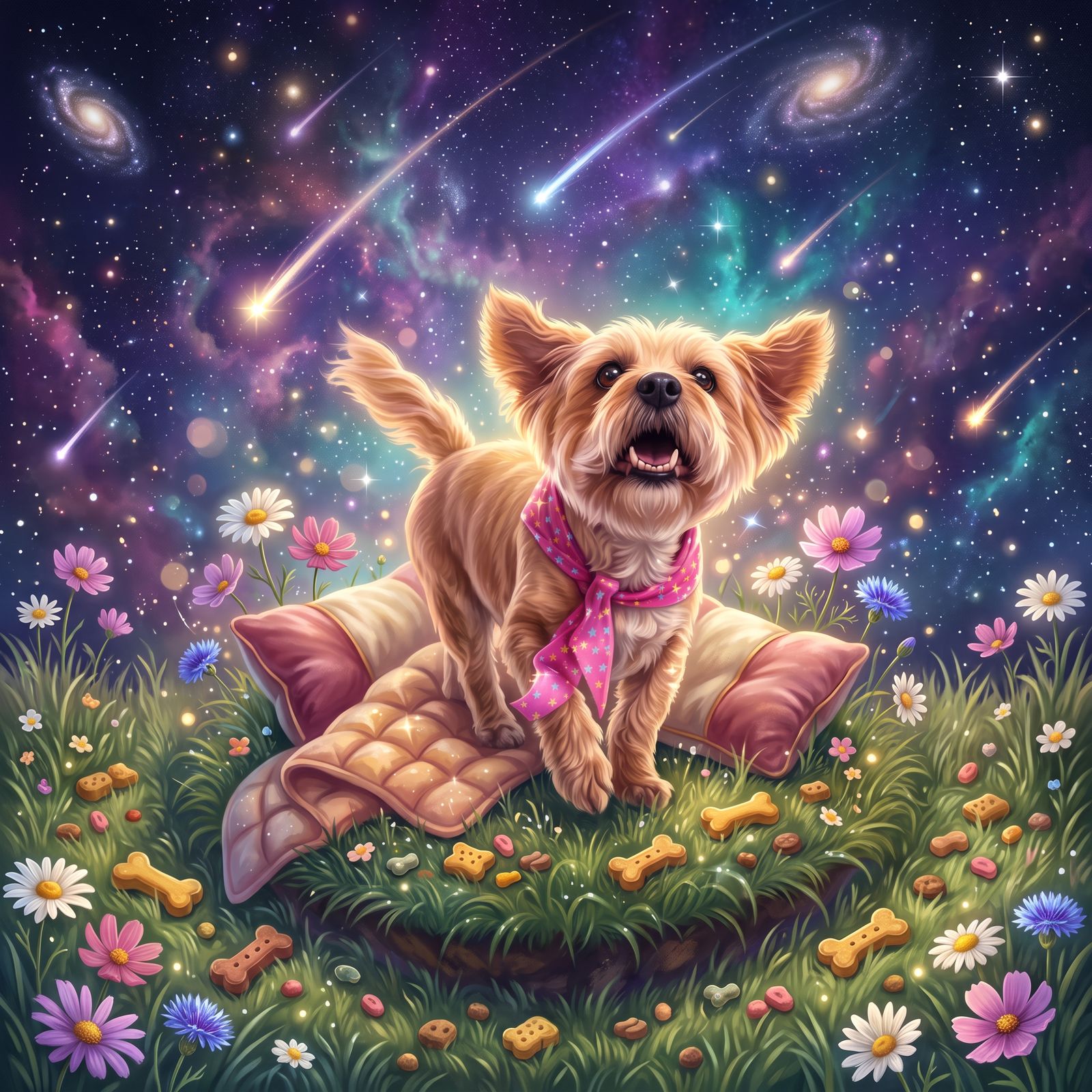 A Universe of Comfort — a joyful tan terrier in her own cosmic garden of grass, treats, pillows, blankets, wildflowers and shooting stars