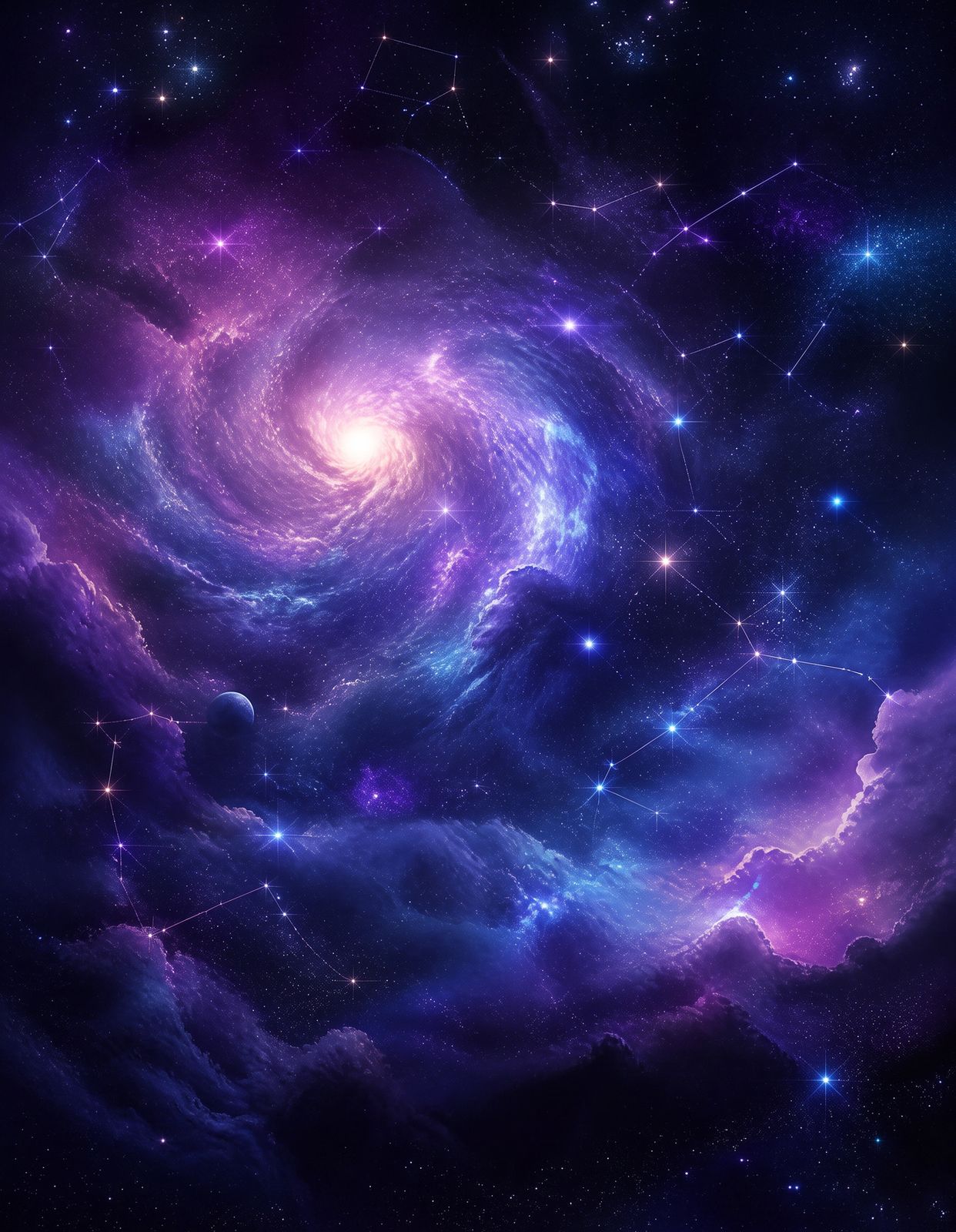 Cosmic Starfield Deluxe — a violet and blue galaxy spiral with constellations across deep space
