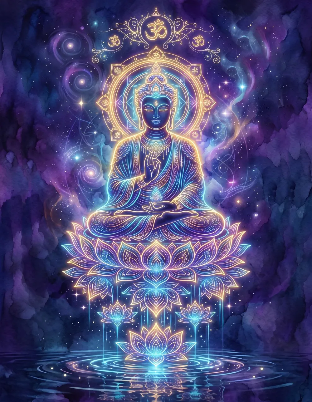 The Enlightened Buddha Deluxe — a neon mandala Buddha rising above a glowing lotus throne on still water