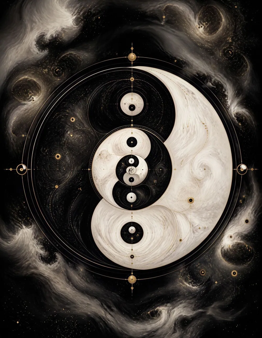 Infinite Yin Yang Deluxe — yin yangs within yin yangs in black, ivory and gold cosmic swirls