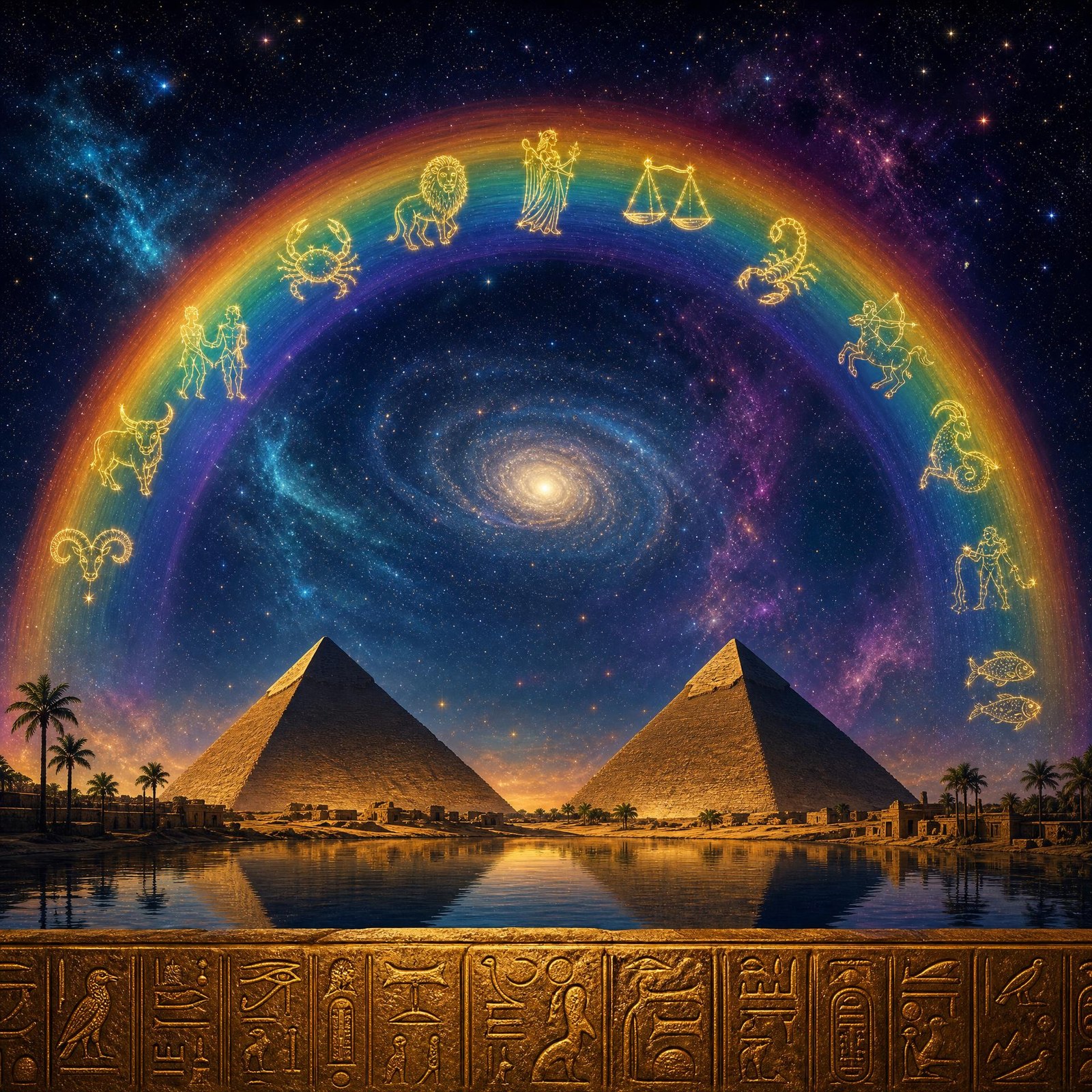 Keeper of the Twelve — a great Egyptian pyramid in moonlit desert beneath a rainbow arc carrying the twelve zodiac signs in gold constellation light