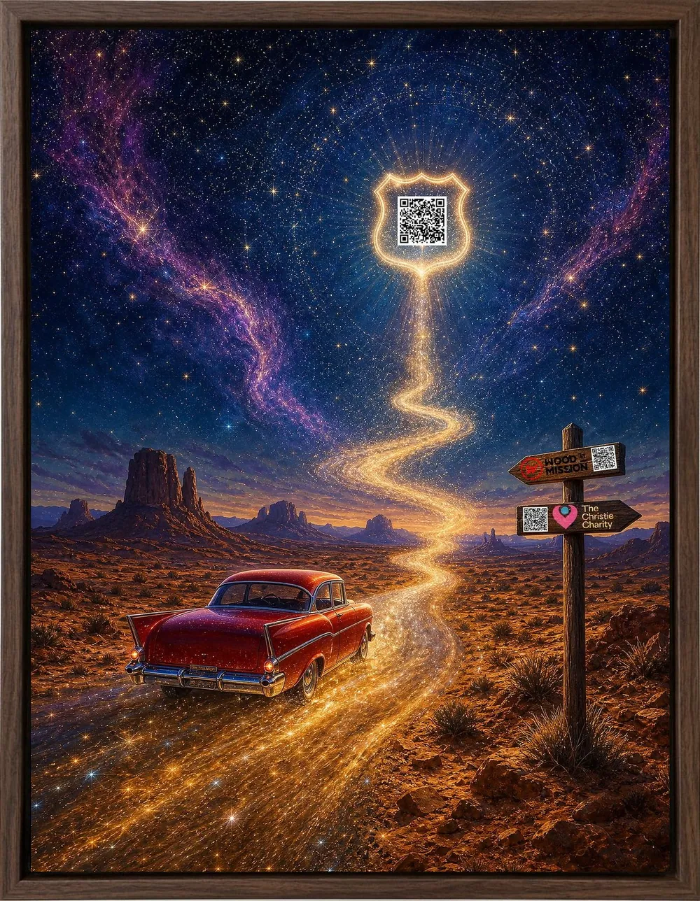 Wandering Light — a red car on a desert highway that lifts into a river of starlight beneath a glowing Route 66 shield in a cosmic sky