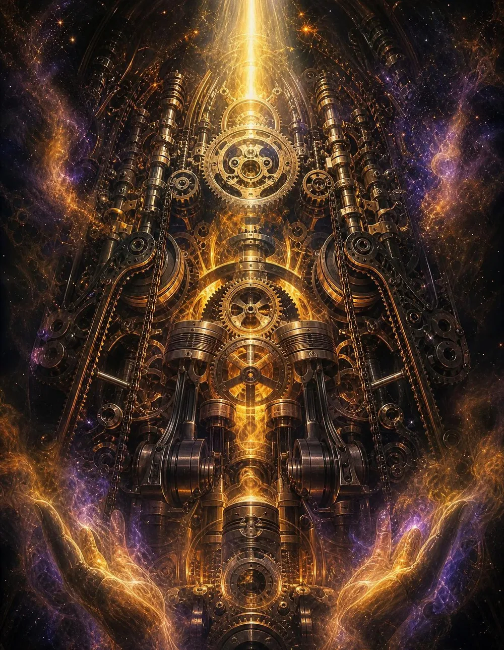 The Mechanic's Cathedral Deluxe — an engine rising like a cathedral nave in gold and violet light