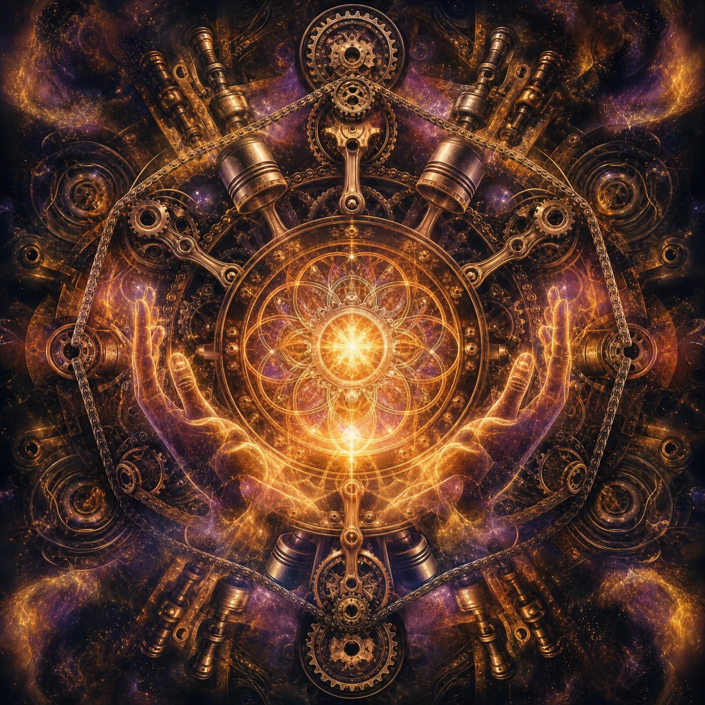 The Mechanic's Cathedral — engine cogs, chains and pistons arranged as a glowing sacred mandala
