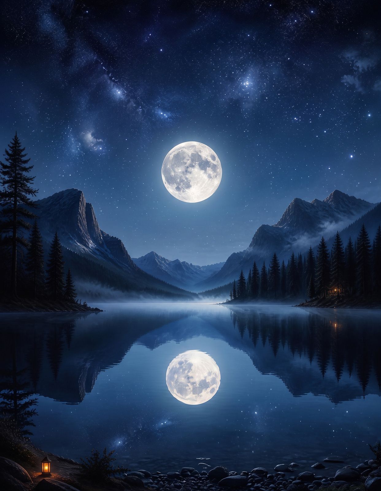 Moonlit Lake Deluxe — a full moon over a mirror-still mountain lake under a starry sky