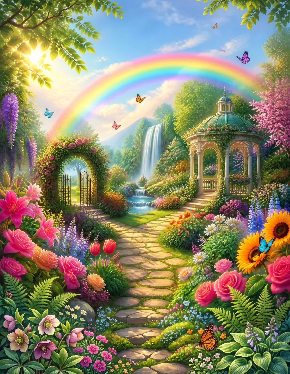 Rainbow Garden Deluxe — a luminous rainbow garden with gazebo, waterfall and blooms