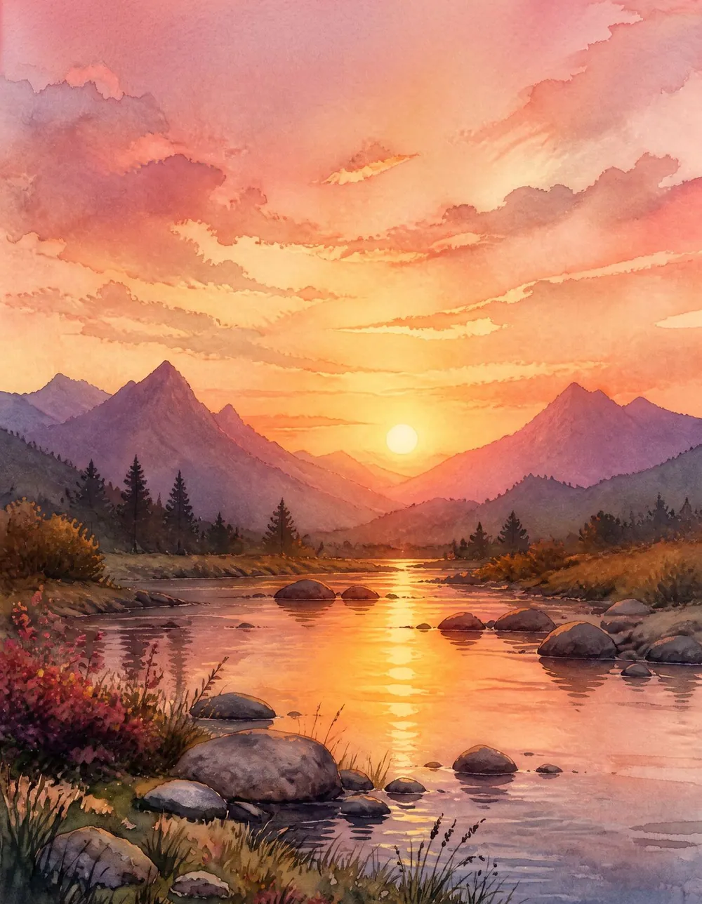 Sunset Serenity Deluxe — a soft watercolour sunset over mountains and a glowing river