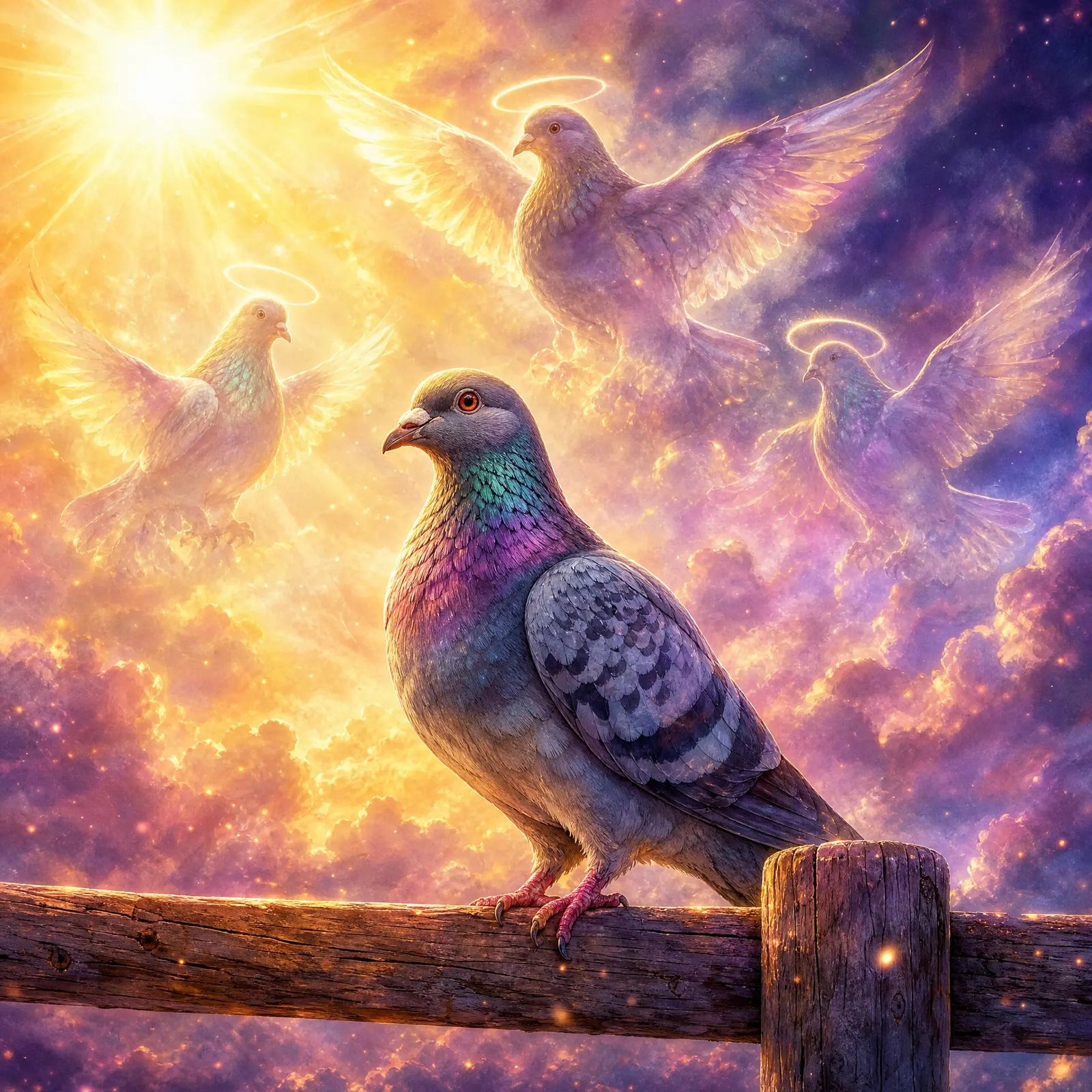 The Watchers on the Fence — a pigeon perched on a wooden fence beneath a violet and gold sky, watched over by three pigeon angels