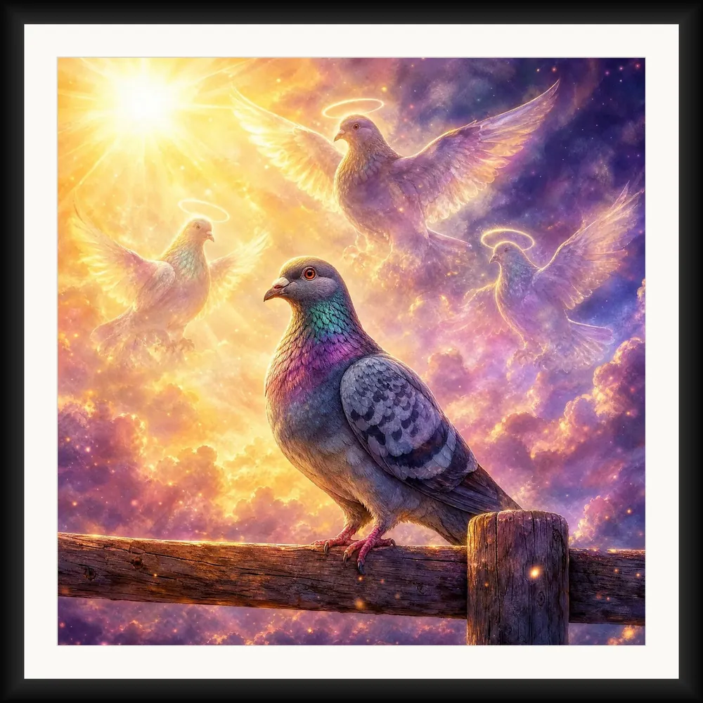 The Watchers on the Fence framed fine art print, glazed and mounted, on a light wall